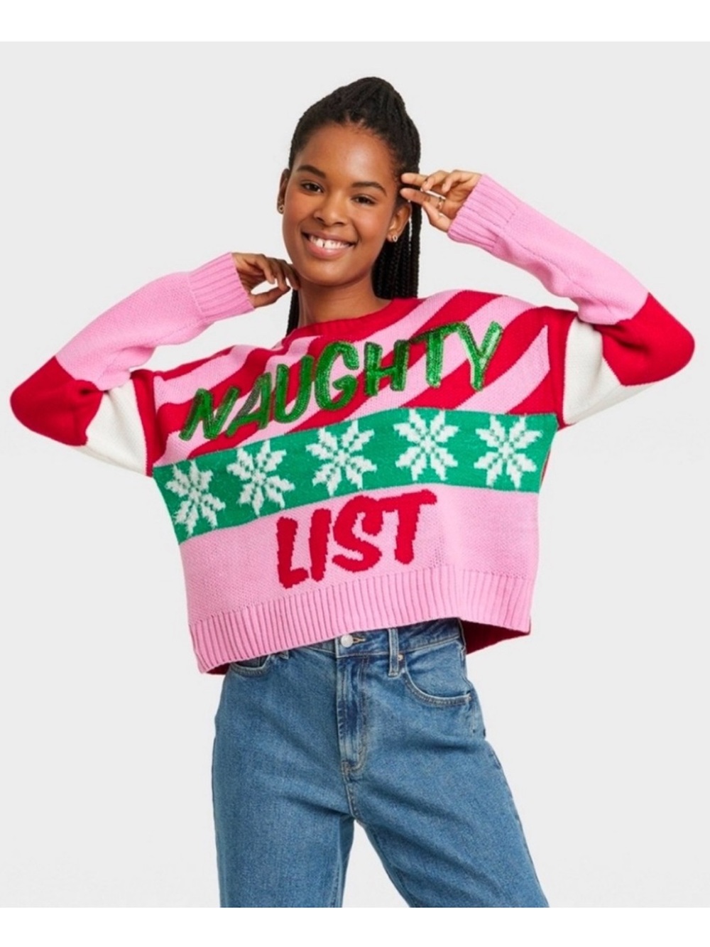 32 Degrees Naughty List Crop Colorblock Sweater - Pink, Red & Green